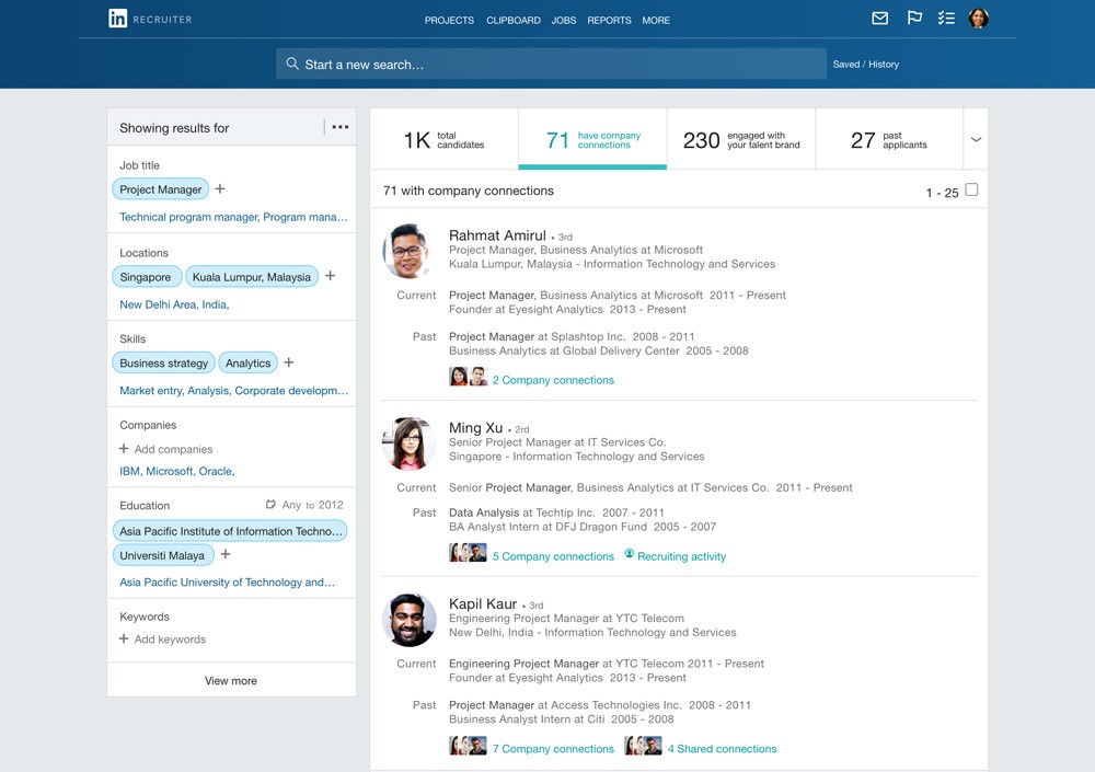 LinkedIn Recruiter interface with project manager profiles, filters, and candidate counters