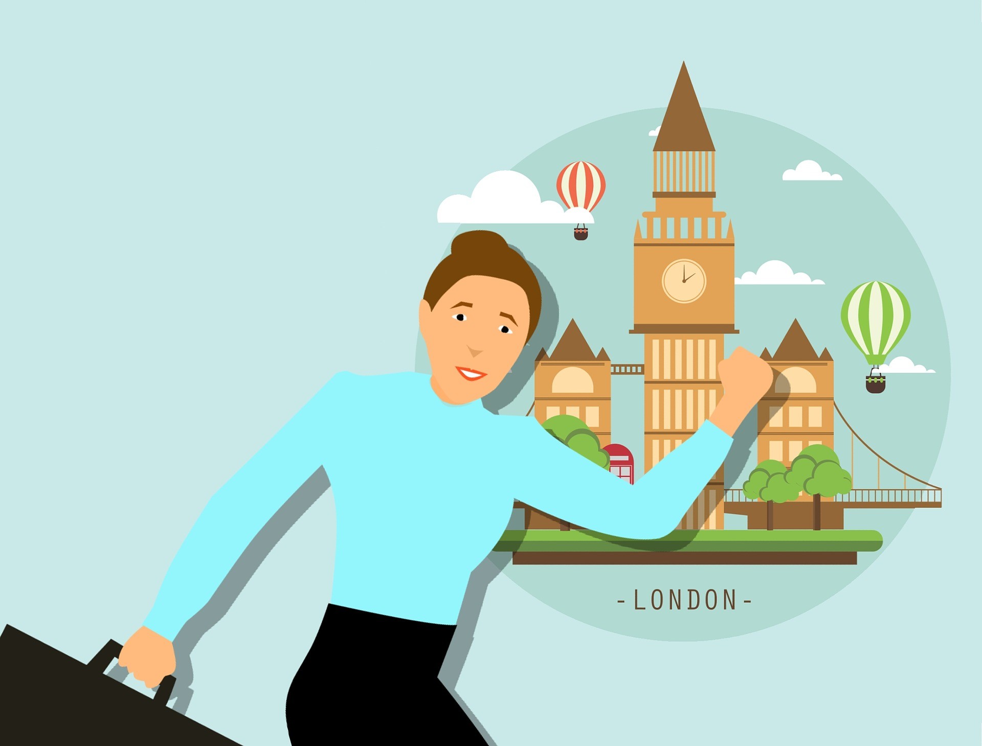 Female cartoon character with London picture in the background