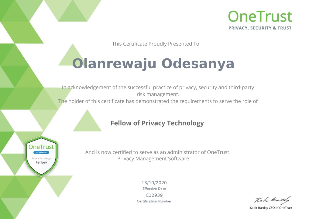 OneTrust Fellow of Privacy Technology certification!