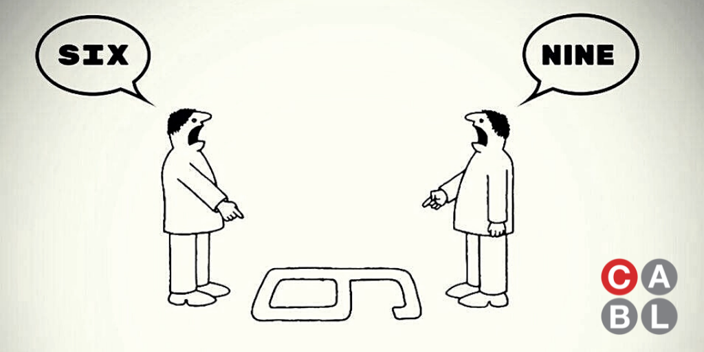 Illustration of two people looking at a number on the ground. One person sees the number as 9, and the other person sees the number as 6 from their perspective. 