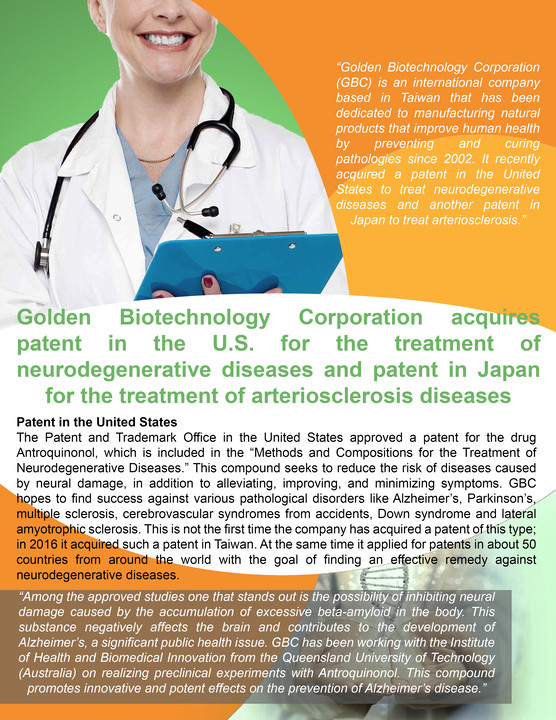 Golden Biotechnology Corporation acquires patent in the U.S. for the
