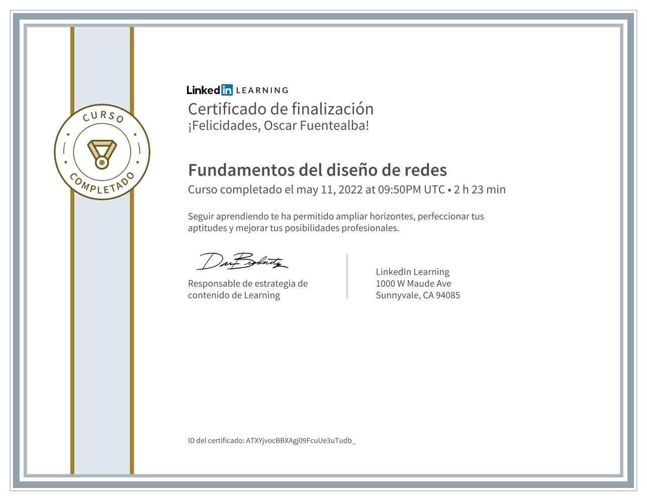 Certificate of completion for Fundamentos del diseño de redes content earned by Oscar Fuentealba