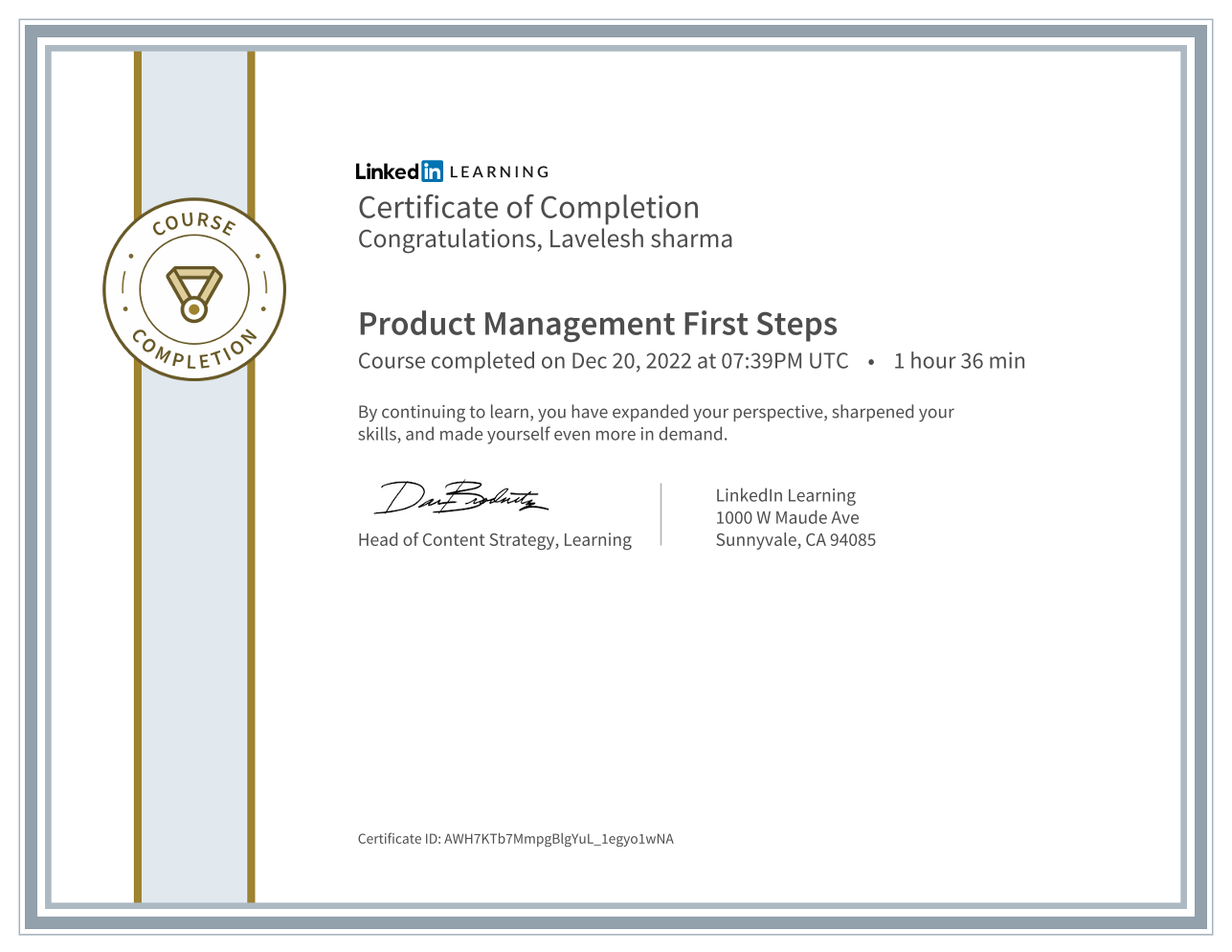 Certificate of completion for Product Management First Steps content earned by Lavelesh sharma