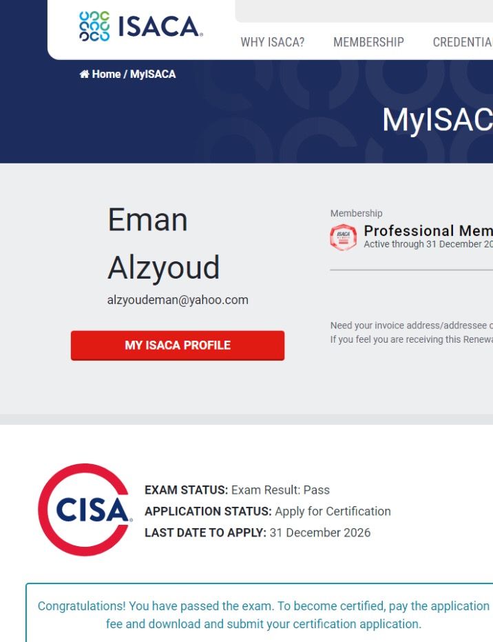 Eman AL ZYOUD MSc CISSP CISA COBIT PMP on LinkedIn: I am glad to share Eman AL ZYOUD MSc CISSP CISA COBIT PMP on LinkedIn: I am glad to share