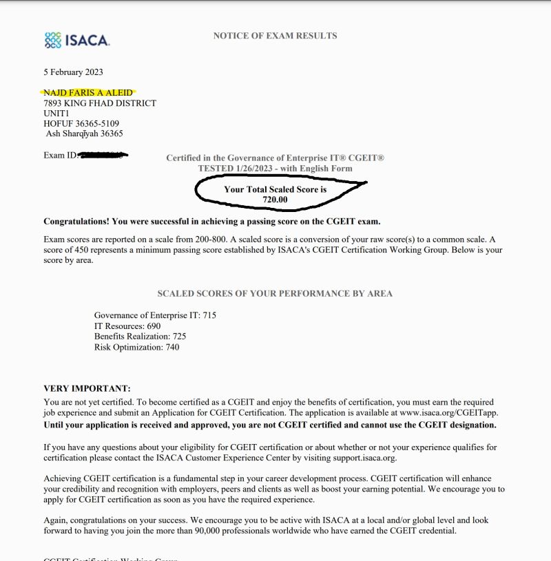 NAJD ALEID on LinkedIn: CGEIT Exam Result Notification NAJD FARIS A NAJD ALEID on LinkedIn: CGEIT Exam Result Notification NAJD FARIS A