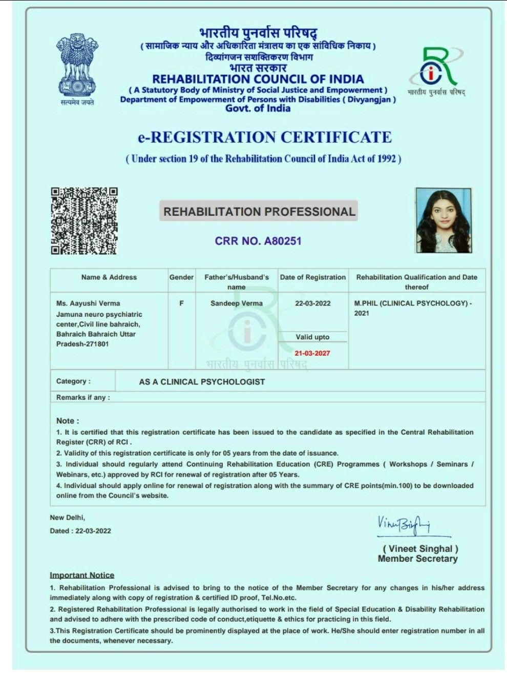 Aayushi Verma M Phil Clinical Psychology on LinkedIn: RCI license Aayushi Verma M Phil Clinical Psychology on LinkedIn: RCI license