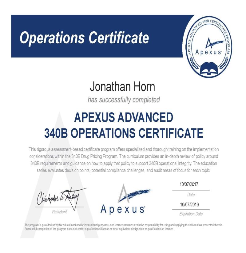 Jonathan Horn on LinkedIn: I have completed the Apexus 340B Jonathan Horn on LinkedIn: I have completed the Apexus 340B
