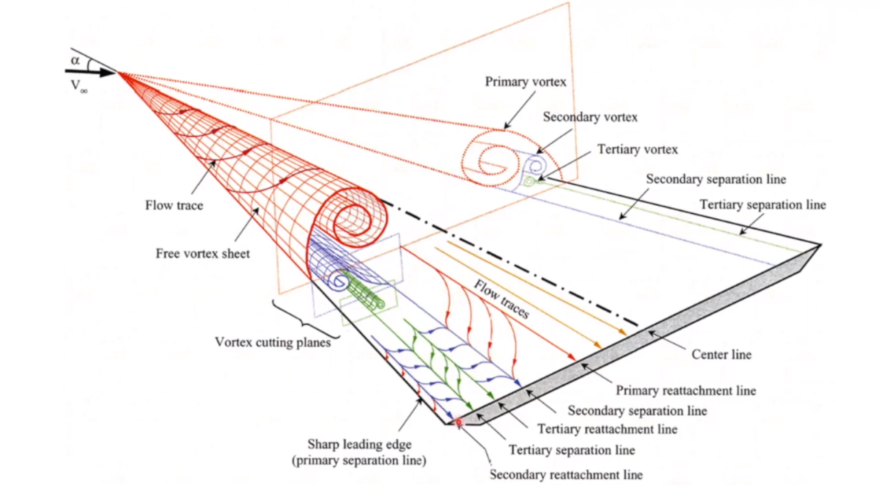 Vortex Traces on a Delta Wing, Surface Flow visualization Vortex Prediction