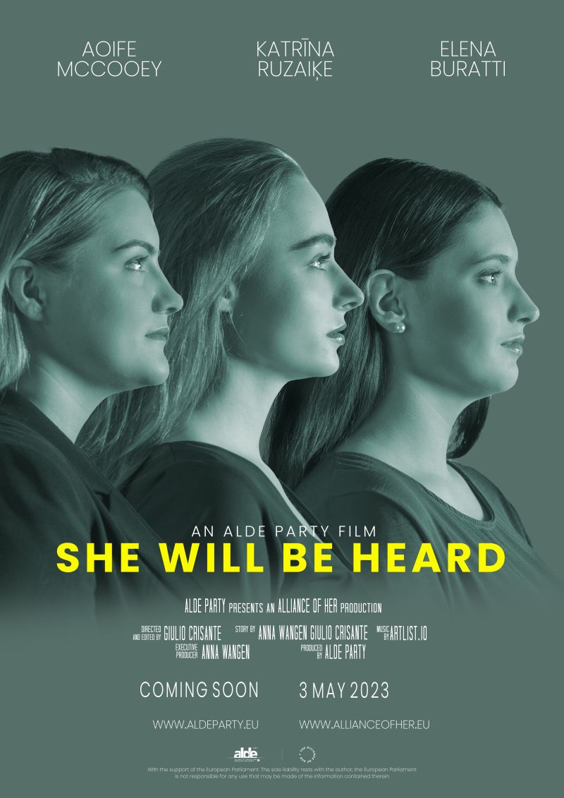 Zwartwitte poster van 'She will be heard' met gele titelteskt en het zijprofiel van drie jonge vrouwen met los haar. Van links naar rechts: Aoife McCooey, Katrina Ruzaike en Elena Buratti.