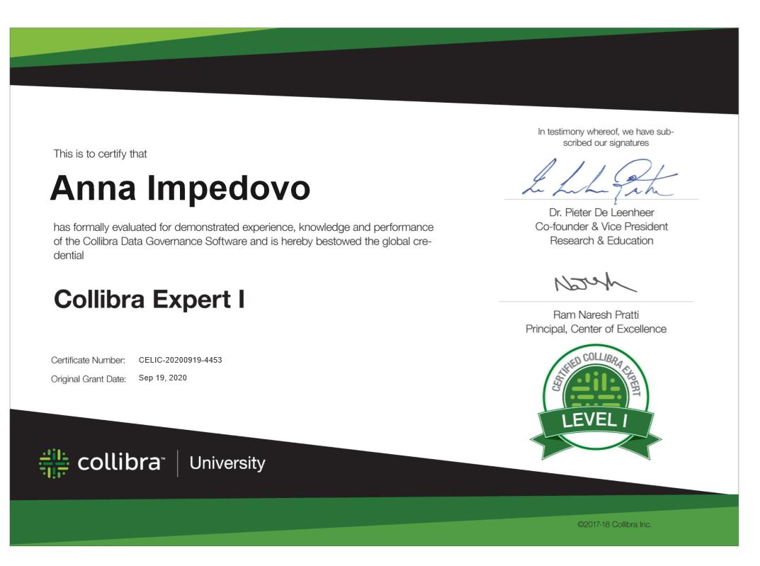 Anna Impedovo on LinkedIn: Certification Collibra Expert I Anna Impedovo on LinkedIn: Certification Collibra Expert I
