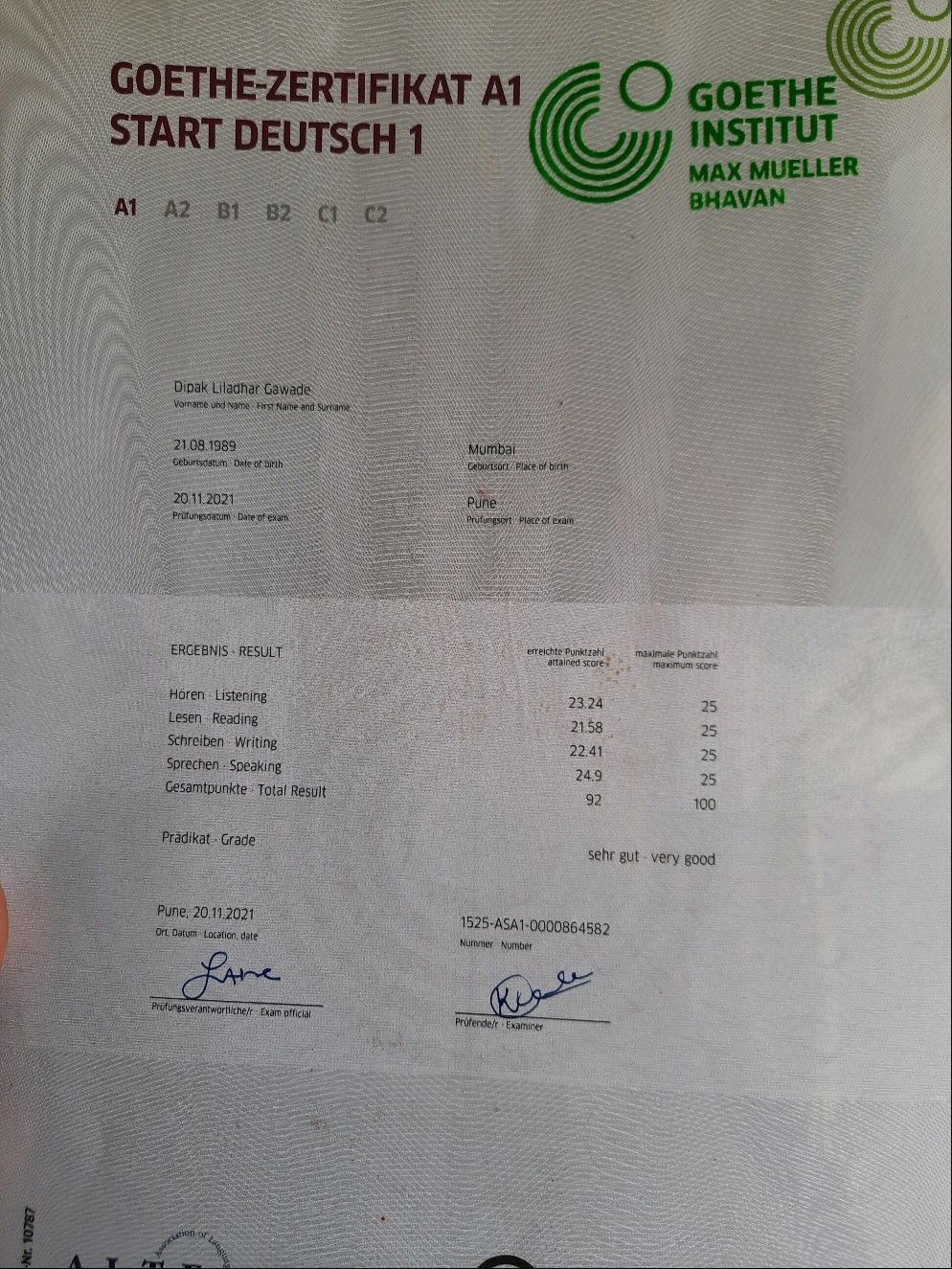 Dipak Gawade on LinkedIn: German A1 Certificate Exam Passed with Dipak Gawade on LinkedIn: German A1 Certificate Exam Passed with