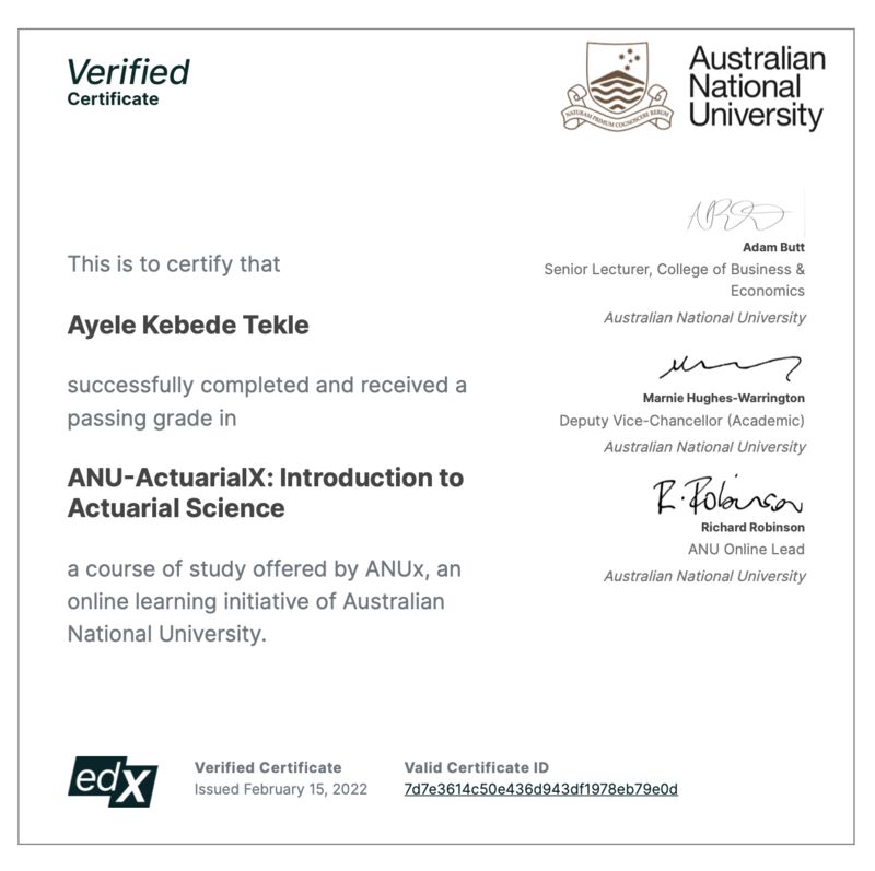 Ayele Kebede Tekle on LinkedIn: ACTUARIAL SCIENCE Certificate from Ayele Kebede Tekle on LinkedIn: ACTUARIAL SCIENCE Certificate from