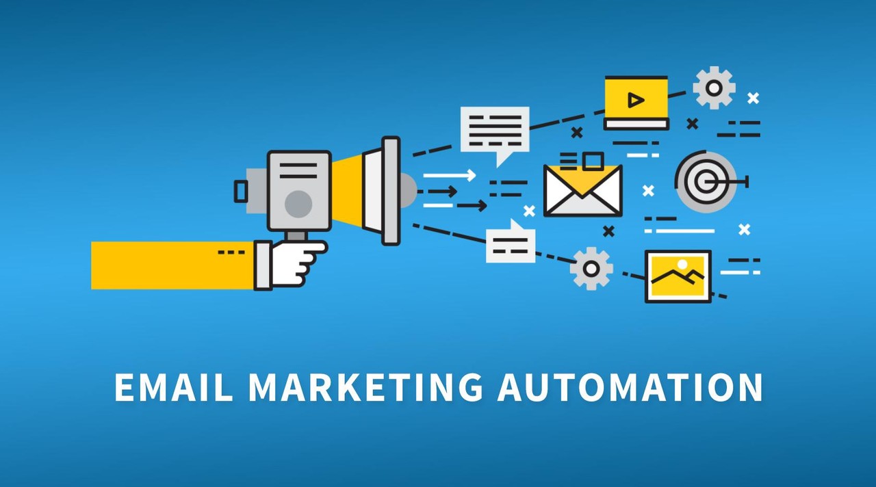 An illustration of a hand holding a megaphone with the text “EMAIL MARKETING AUTOMATION”