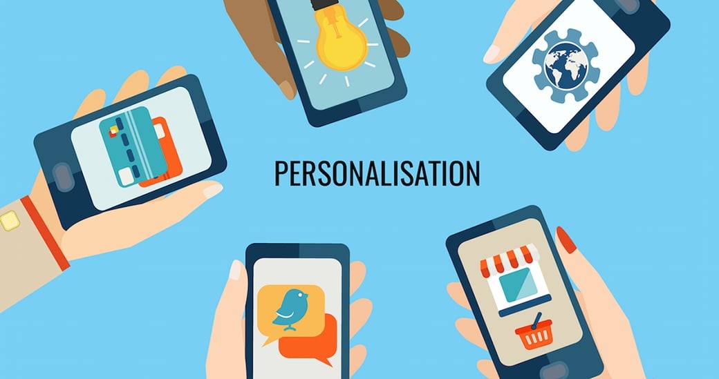A group of diverse people holding smartphones in their hands. The text "PERSONALISATION" is written in white lettering above the people