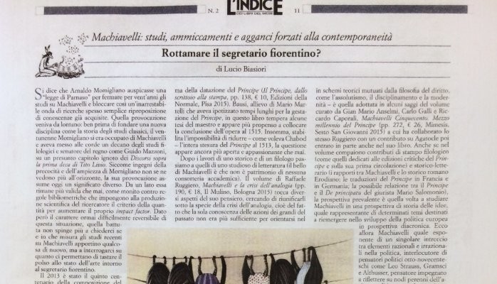 Great review of my Machiavelli nel Rinascimento italiano in L'Indice, Feb. 2016.  