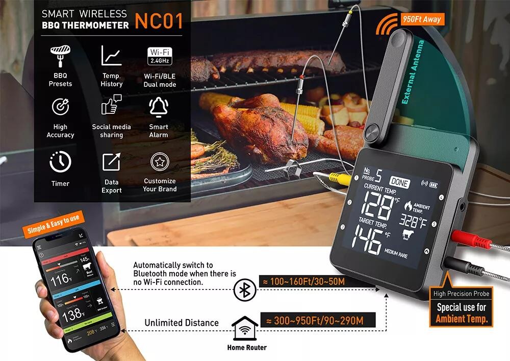 Why NC01 2.4 Ghz Wi-Fi meat thermometers,Wifi smoker grill thermometer with  6 probes.