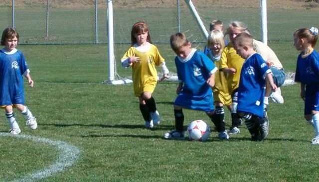 A bunch of little kids running towards a soccer ball