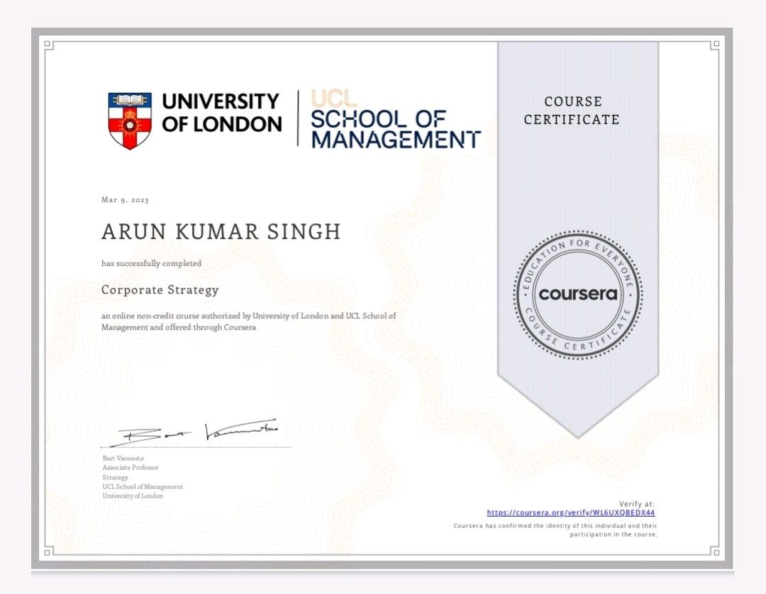Arun Kumar Singh on LinkedIn: Corporate Strategy Certification from Arun Kumar Singh on LinkedIn: Corporate Strategy Certification from