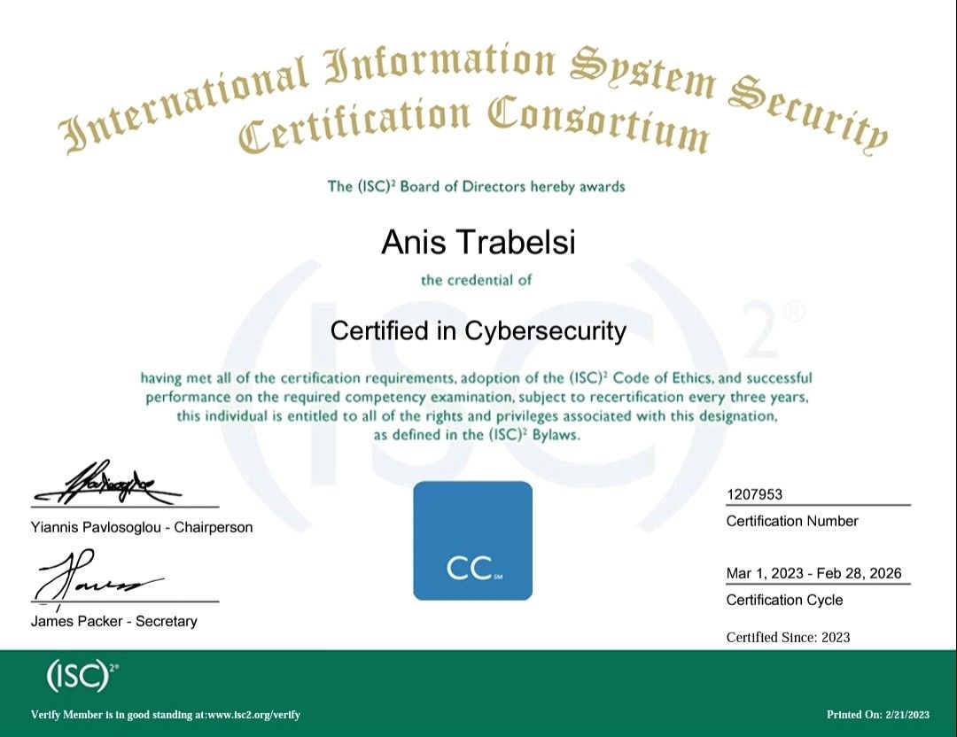Anis Trabelsi CPP PSP CC on LinkedIn: #cybersecurity #isc2 # Anis Trabelsi CPP PSP CC on LinkedIn: #cybersecurity #isc2 #