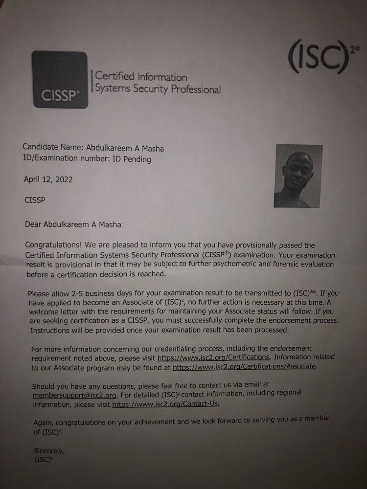 Abdulkareem Masha CISSP GPCS on LinkedIn: Provisionally passed the Abdulkareem Masha CISSP GPCS on LinkedIn: Provisionally passed the