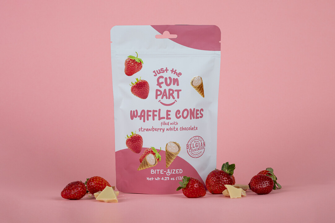 Just The Fun Part Waffle Cones, Strawberry White Chocolate, Bite-Sized - 4.23 oz