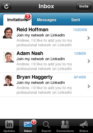 LinkedIn Inbox invitations (iPhone App v1.5)