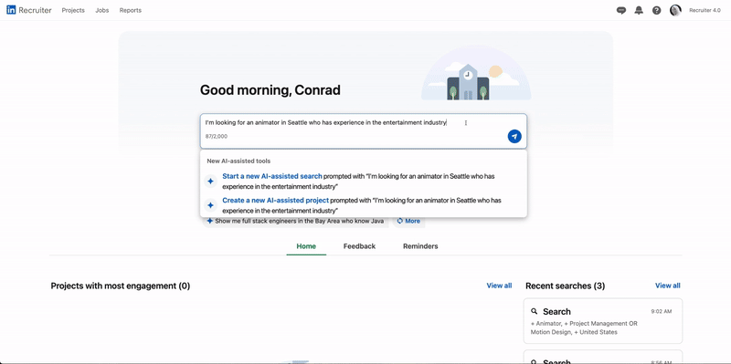 Animated GIF of how to create and customize an AI-assisted project in LinkedIn Recruiter.