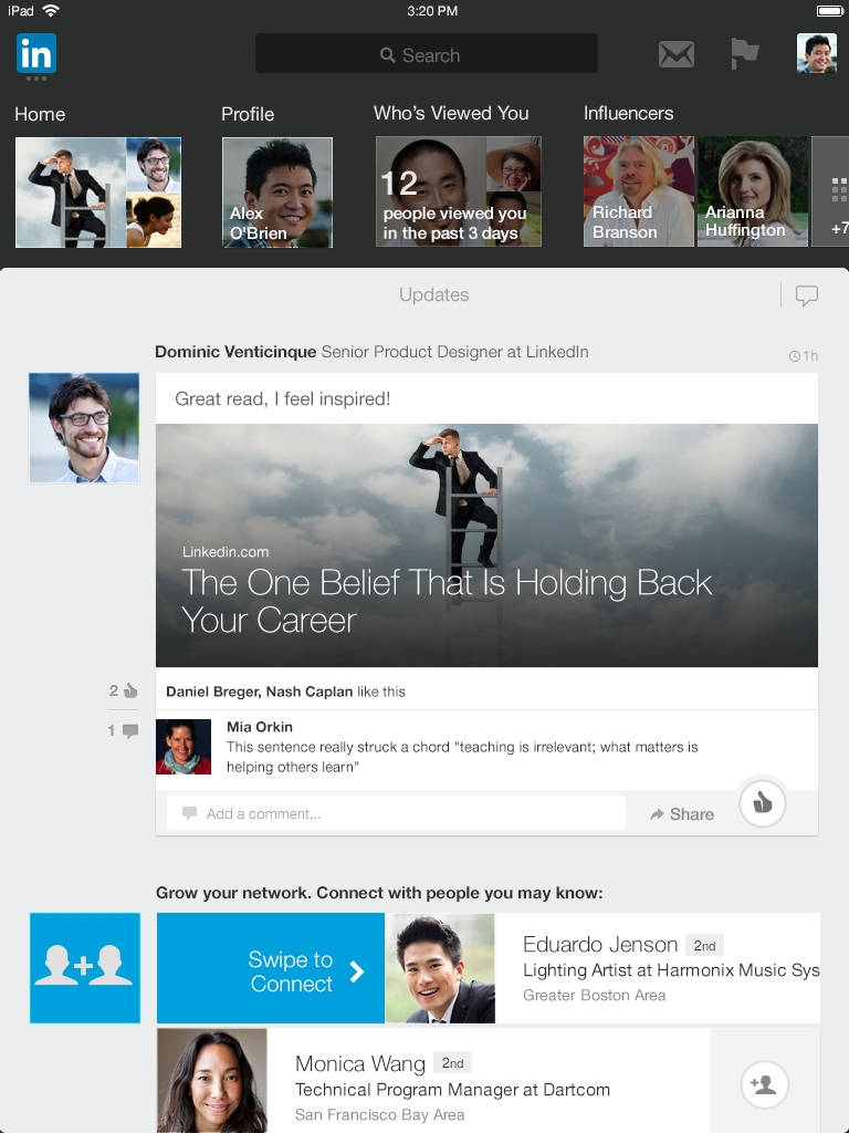 LinkedIn for iPad homescreen