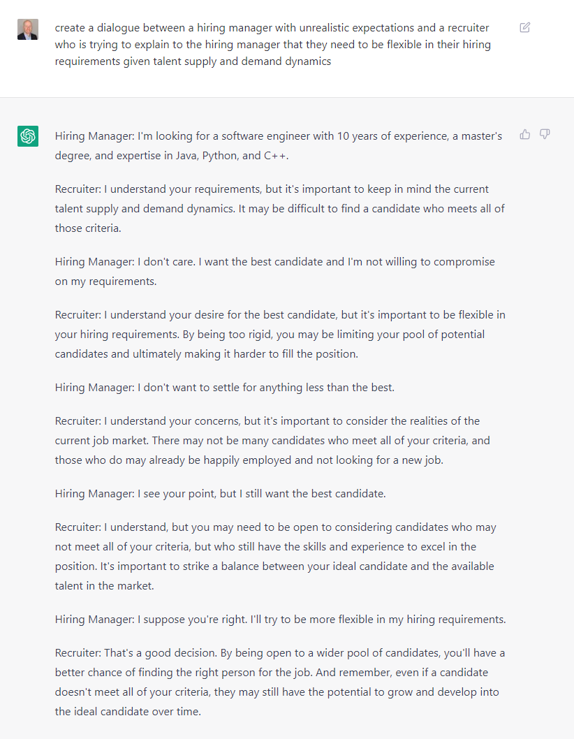 Dialogue between an unrealistic hiring manager and a recruiter