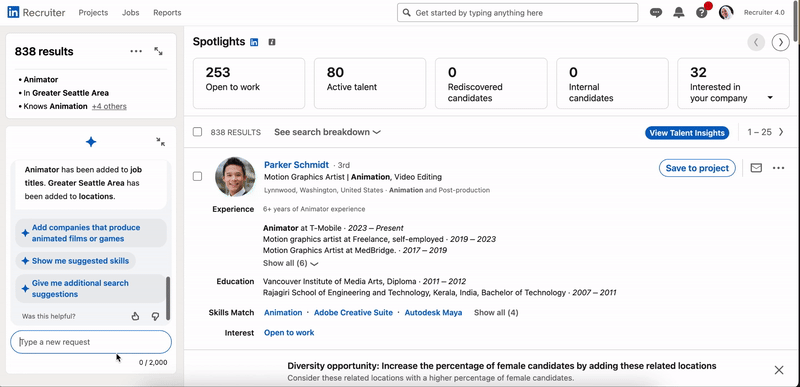 Animated GIF showing how to refine your AI-assisted search in LinkedIn Recruiter.