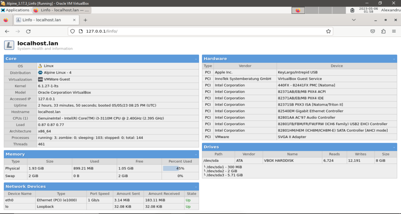 Setting up the Linfo software for server monitoring purposes on our Alpine Linux virtual machine