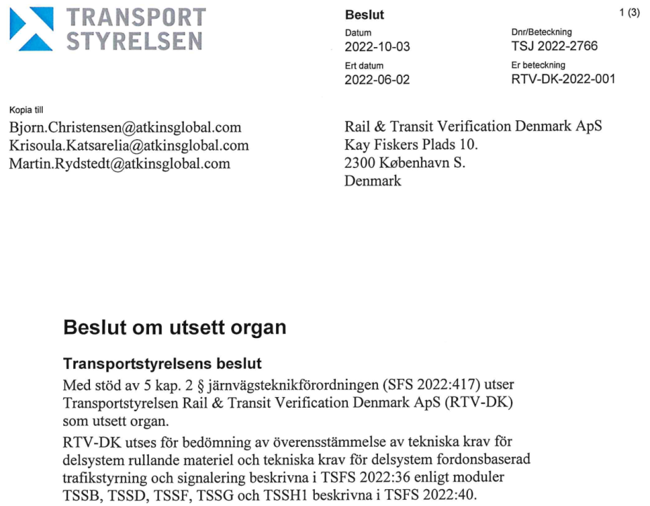 Rail & Transit Verification Denmark Aps The First To Be Recognized As  Designated Body (Debo) For
