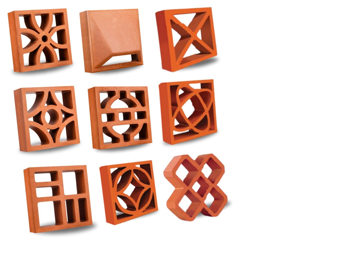 Terracotta jali patterns: intricate floral, geometric, and abstract designs on terracotta panels.