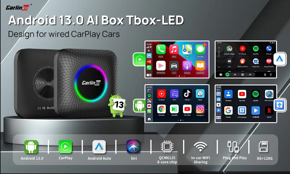 8G+128GB CarlinKit CarPlay Ai TV Box LED Plus Android13 Qualcomm