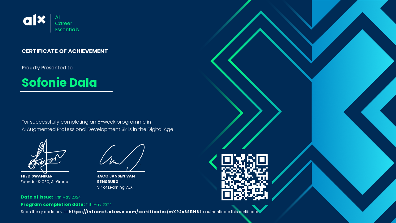 Certificate of achievement for ALX AiCE AI Career Essentials Certificate of achievement for ALX AiCE AI Career Essentials