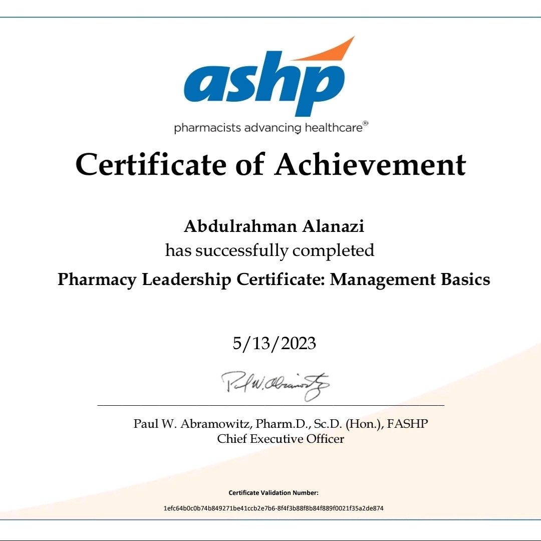 Abdulrahman Alanazi on LinkedIn: #ashp #management #inpatient #pharmacy Abdulrahman Alanazi on LinkedIn: #ashp #management #inpatient #pharmacy