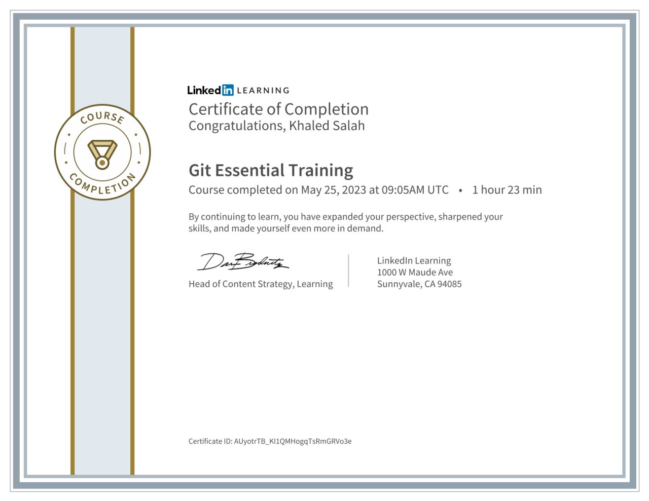Certificate of completion for Git Essential Training content earned by Khaled Salah