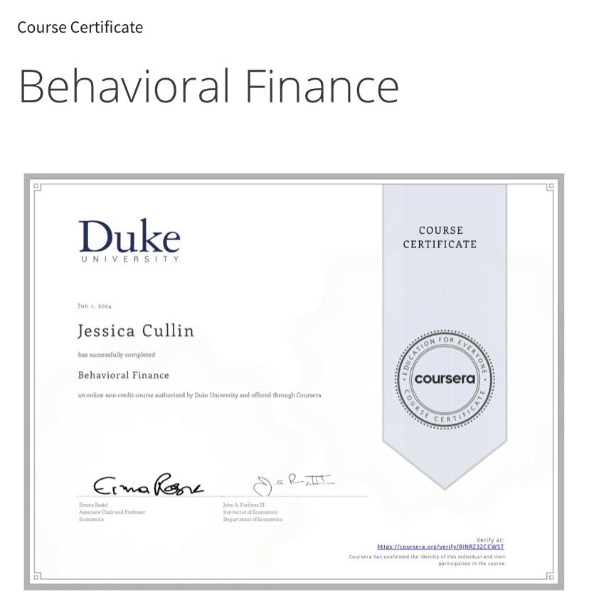 Jessica Cullin on LinkedIn: Duke University certificate in Behavioral Jessica Cullin on LinkedIn: Duke University certificate in Behavioral