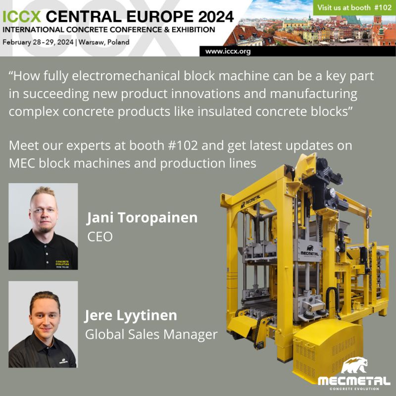 Expo news!📰Mecmetal will be participating ICCX Central Europe expo in Warsaw, Poland. We welcome everyone to stop by at our booth 102, where you will find our concrete experts and traditional Finnish candy. You also might discover some new innovations from Mecmetal and details on MEC block machines, production lines and concrete equipment😉 If you wish to book a meeting in advance, please follow the link in the comments and give a call or email to Jani! See you all in Warsaw!🙂#ICCX #concrete #mecmetaloy #concreteevolution #blockmachine
