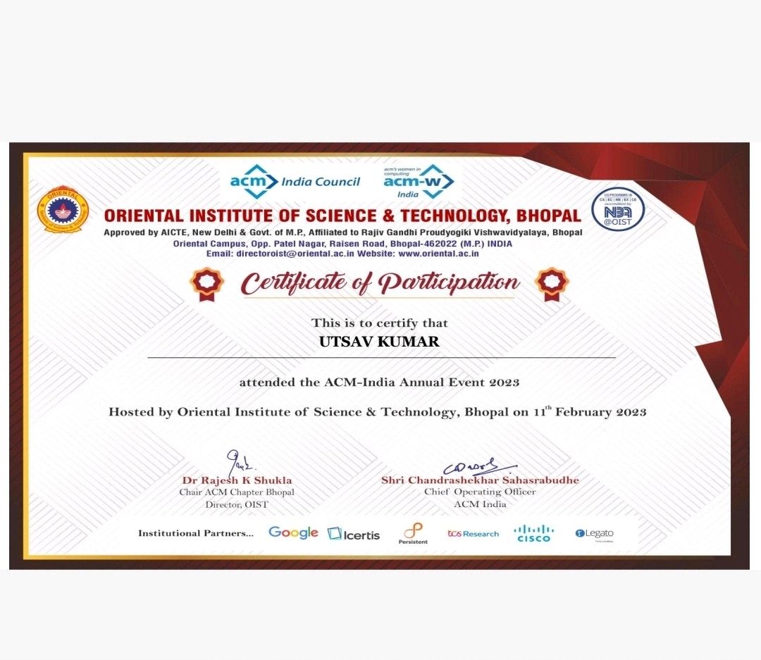 Utsav Kumar on LinkedIn: #certification #acm #oriental #bhopal Utsav Kumar on LinkedIn: #certification #acm #oriental #bhopal