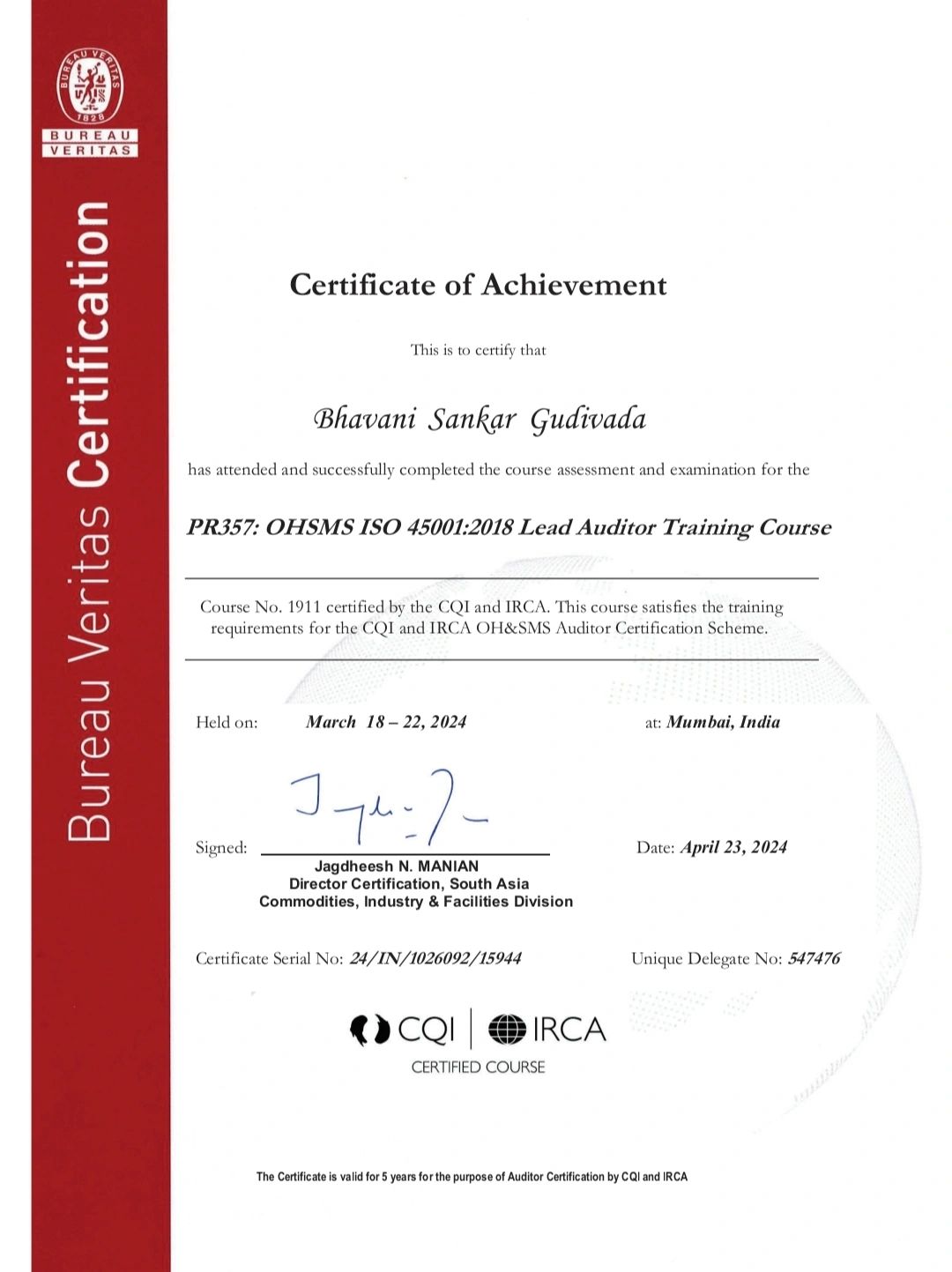 Bhavani Sankar Gudivada on LinkedIn: Cleared CQI/IRCA ISO 45001 lead Bhavani Sankar Gudivada on LinkedIn: Cleared CQI/IRCA ISO 45001 lead