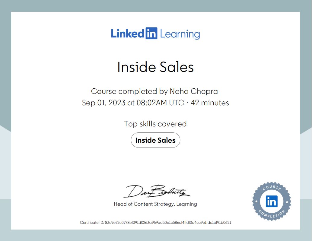 Neha Chopra on LinkedIn: #sales #insidesales #certification # Neha Chopra on LinkedIn: #sales #insidesales #certification #