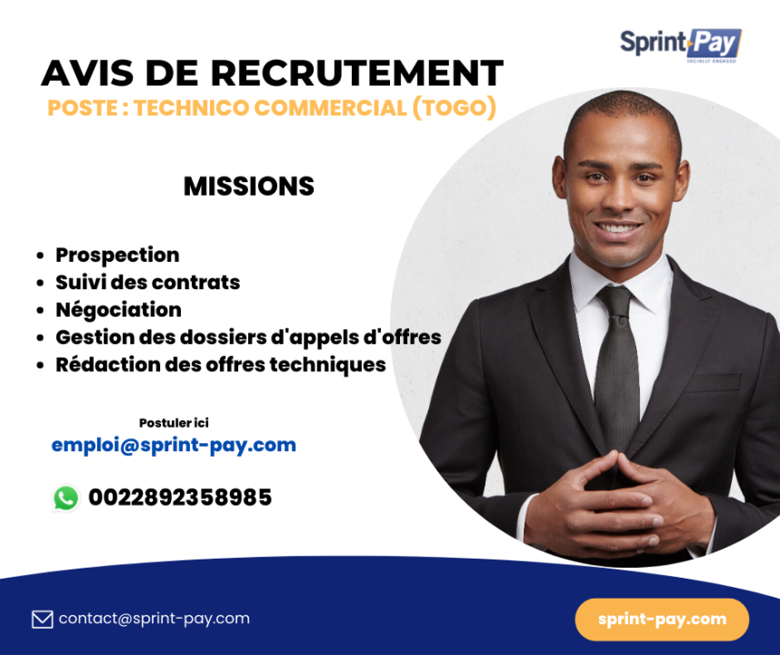 AVIS DE RECRUTEMENT : Technico Commercial (TOGO Lomé) AVIS DE RECRUTEMENT : Technico Commercial (TOGO Lomé)