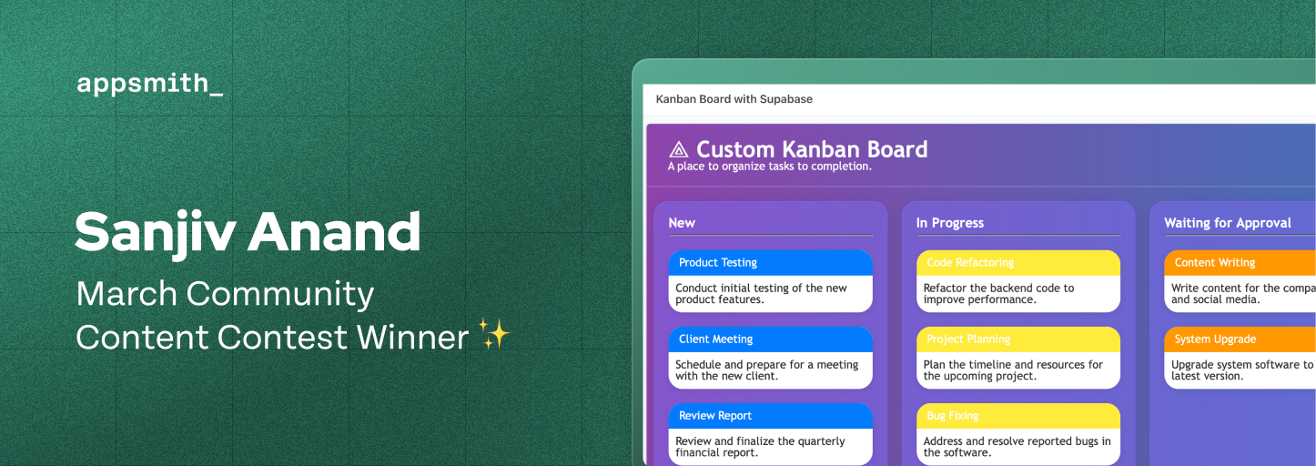 winner of the Supabase contest was Sanjiv Anand, who built a Kanban Board