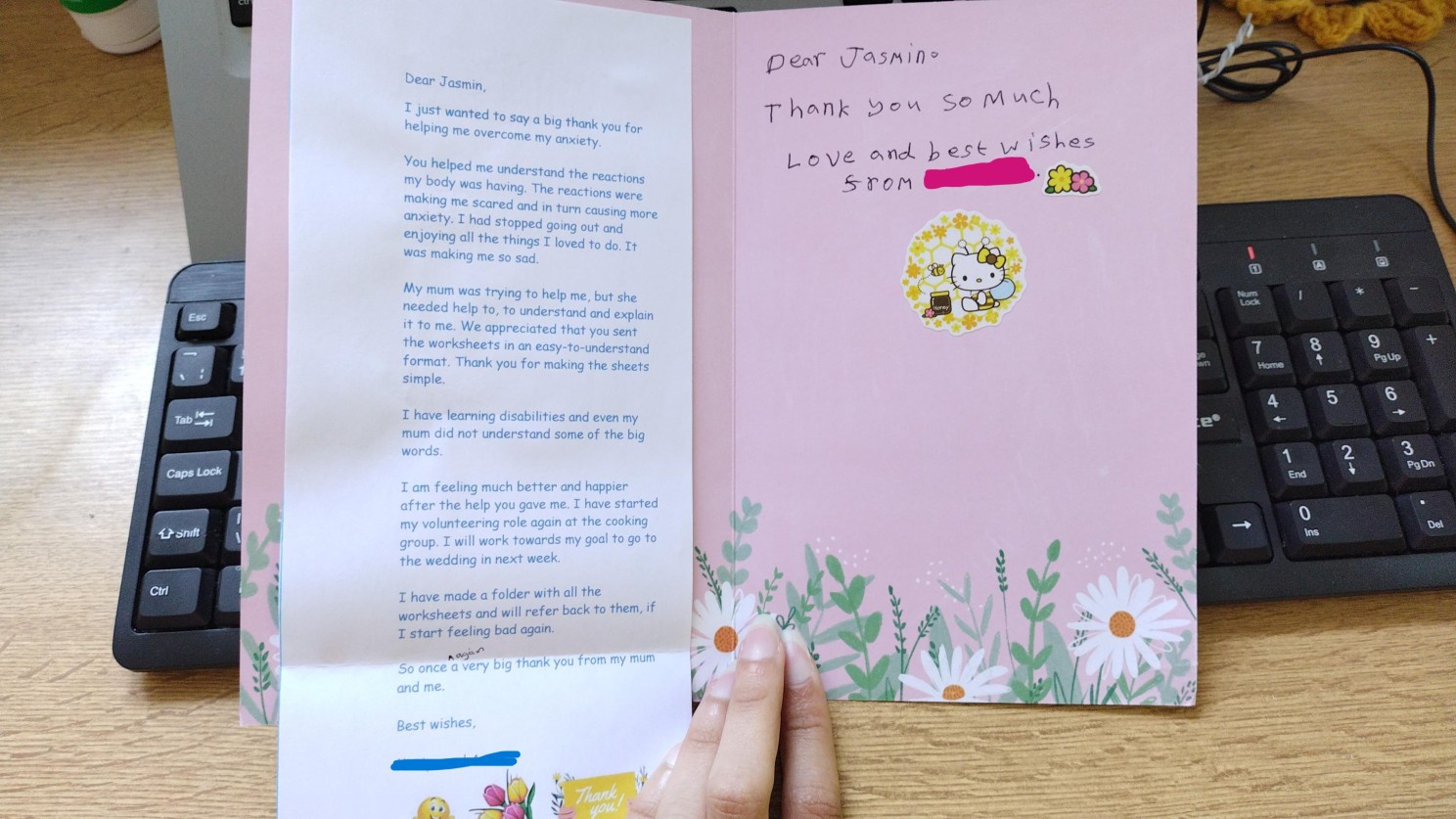 a letter written by a service user to Jasmin