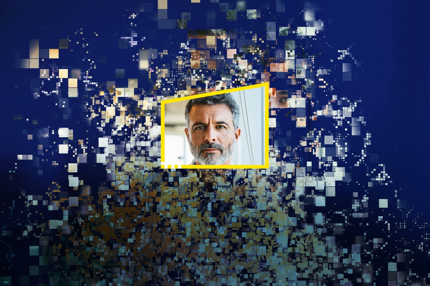 An abstract image of an older man's face within a yellow frame. Outside of the frame are lots of pixels spread out.