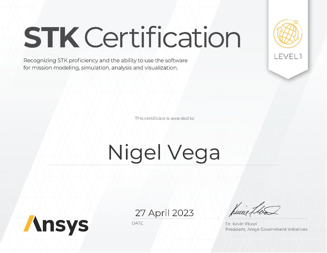 Nigel Vega on LinkedIn: Got my Ansys level 1 STK certification Nigel Vega on LinkedIn: Got my Ansys level 1 STK certification
