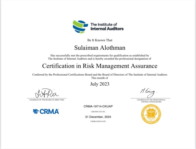 Sulaiman Al Othman (CIA CRMA MSc MBA) on LinkedIn: #boubyan #crma # Sulaiman Al Othman (CIA CRMA MSc MBA) on LinkedIn: #boubyan #crma #