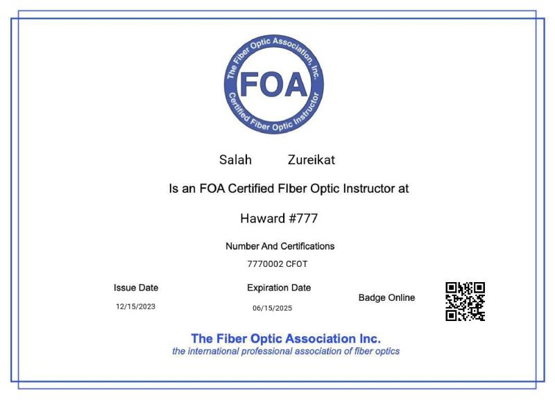 Salah Zureikat on LinkedIn: #foa #fiberoptictechnology #certification # Salah Zureikat on LinkedIn: #foa #fiberoptictechnology #certification #