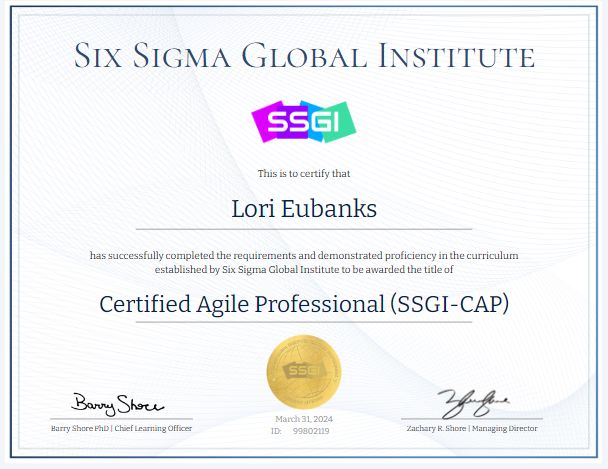 Lori Eubanks SSGI CAP CSM Agile XP on LinkedIn: Completed my Agile Lori Eubanks SSGI CAP CSM Agile XP on LinkedIn: Completed my Agile